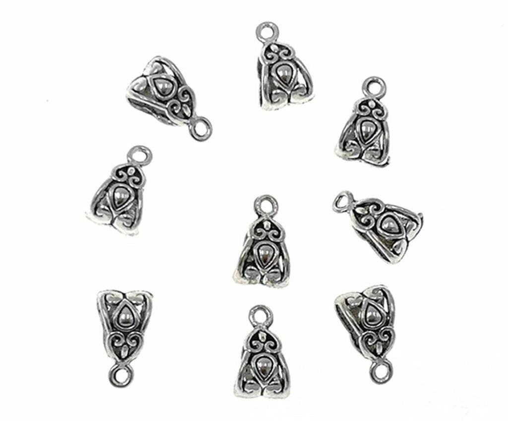 Silver heart-shaped alloy bail connectors for DIY beads, small loop at top