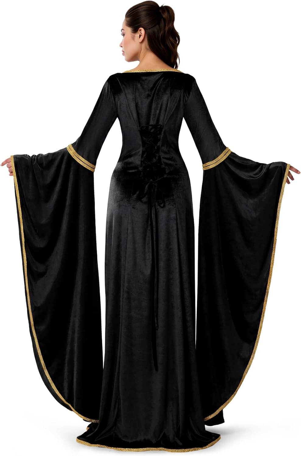 Back view of black velvet renaissance dress with long cape sleeves and gold trim along edges