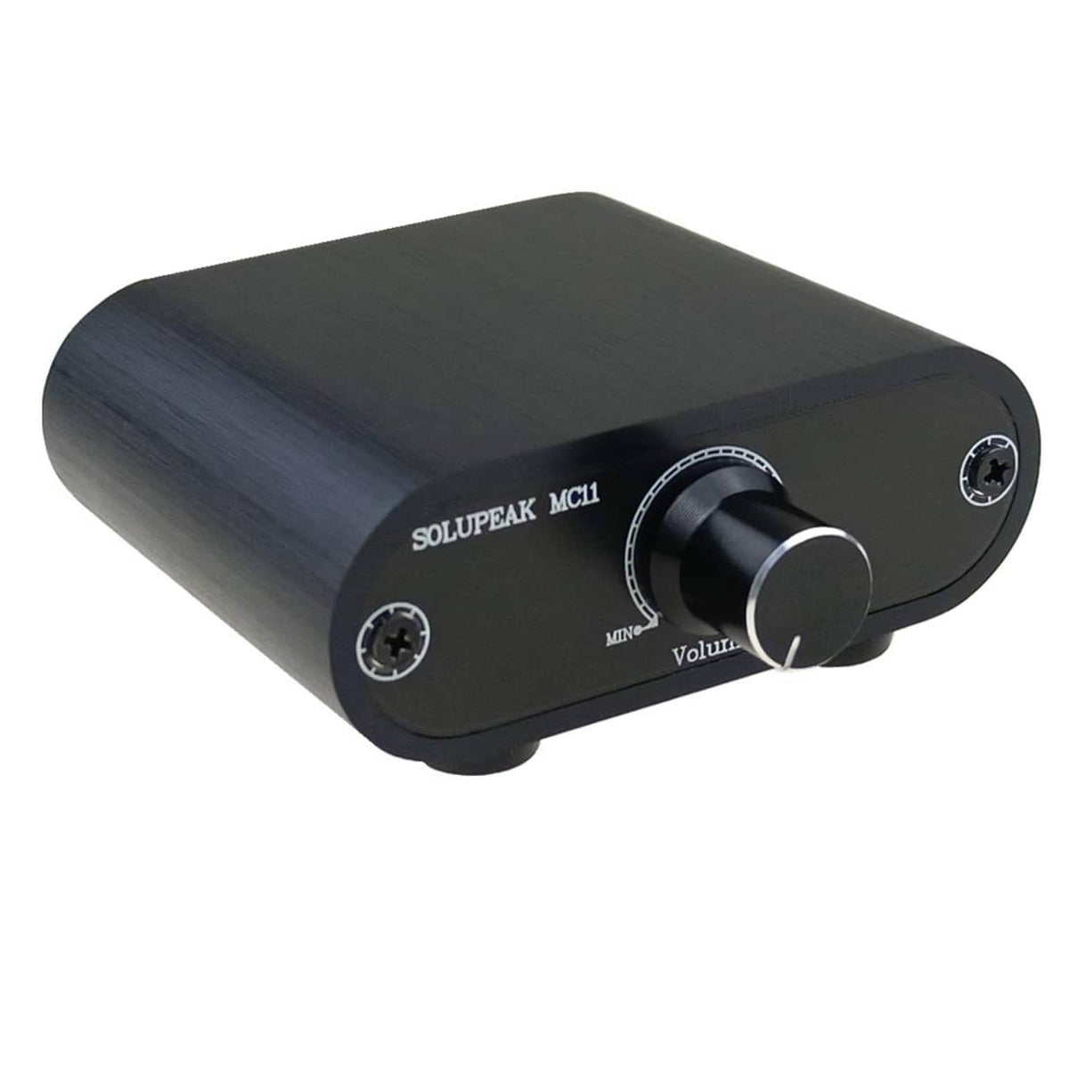 Dark blue 3.5mm line audio volume controller with volume knob and IN/OUT jacks.