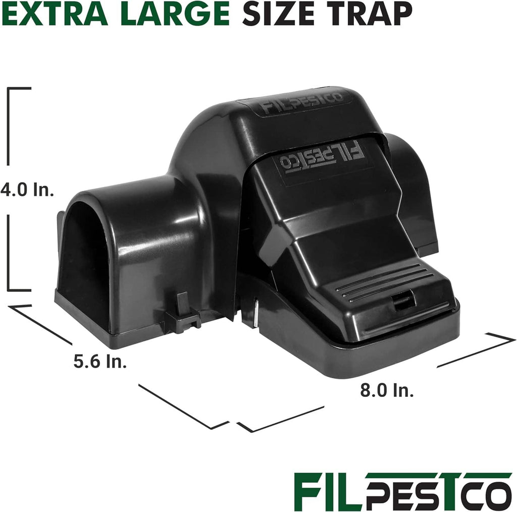 Extra-large black tunnel snap rat trap, angled view with size markings