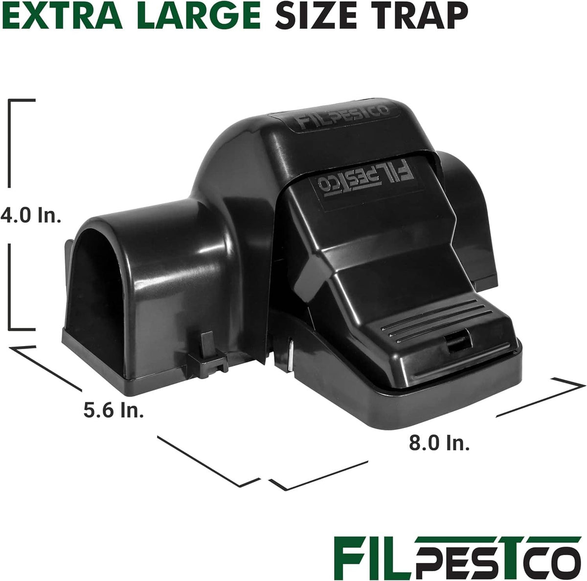 Extra-large black tunnel snap rat trap, angled view with size markings