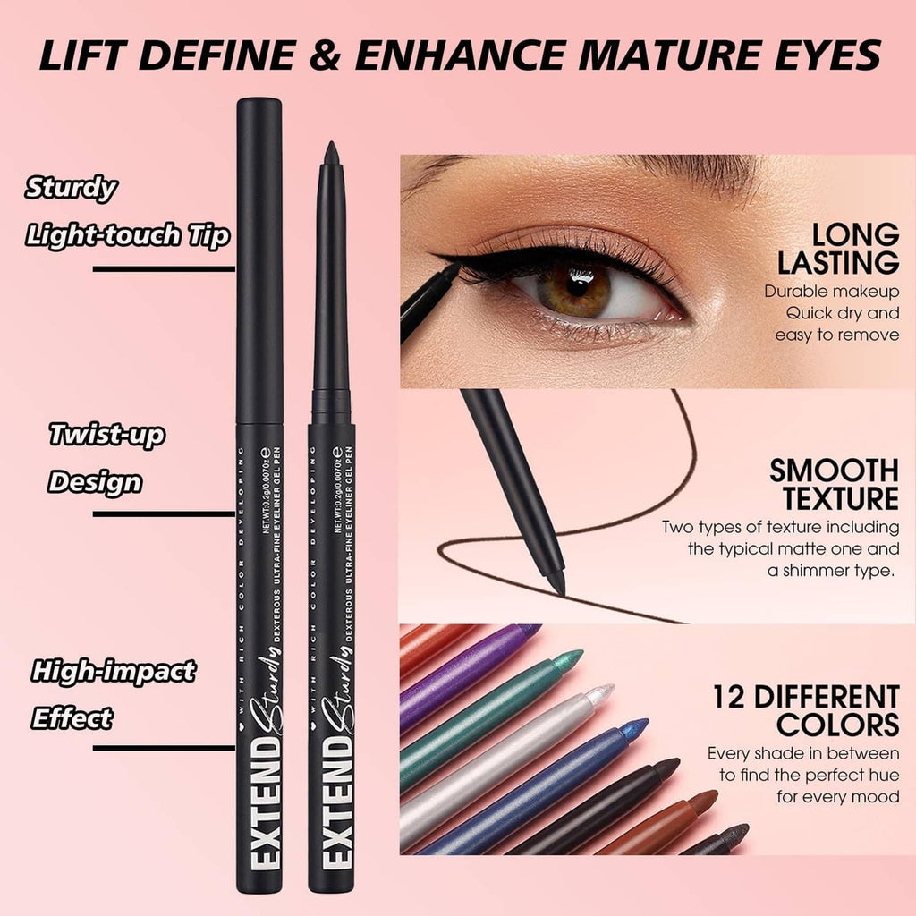 Two blue eyeliner gel pencils with twist-up design and pointed application tips
