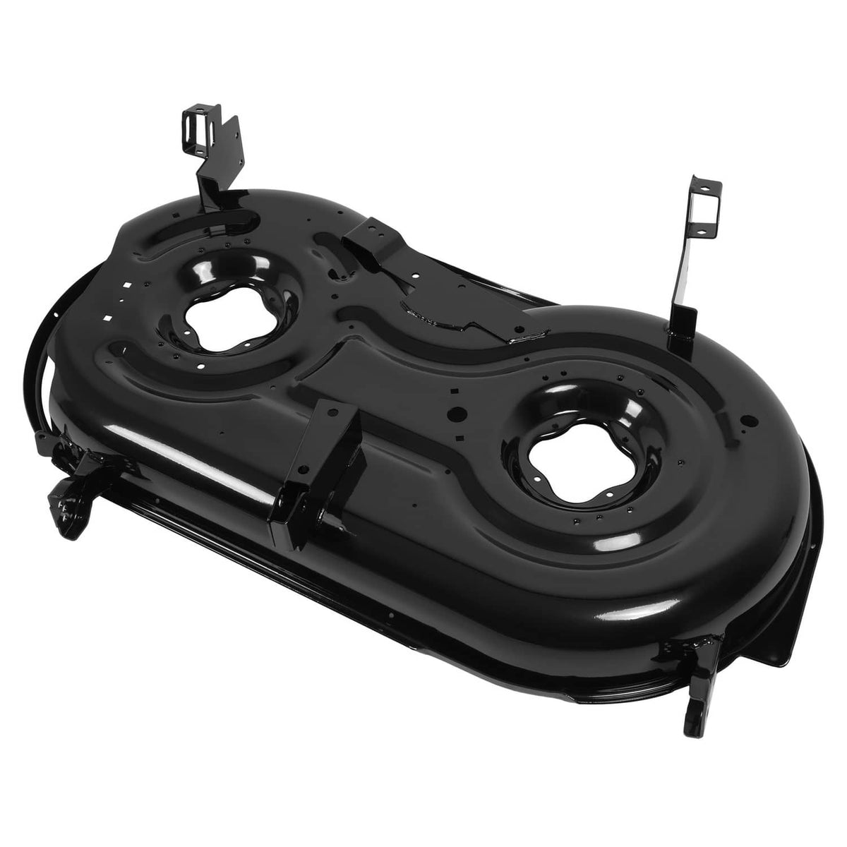 Black zero-turn mower deck shell with spindle openings and mounting brackets