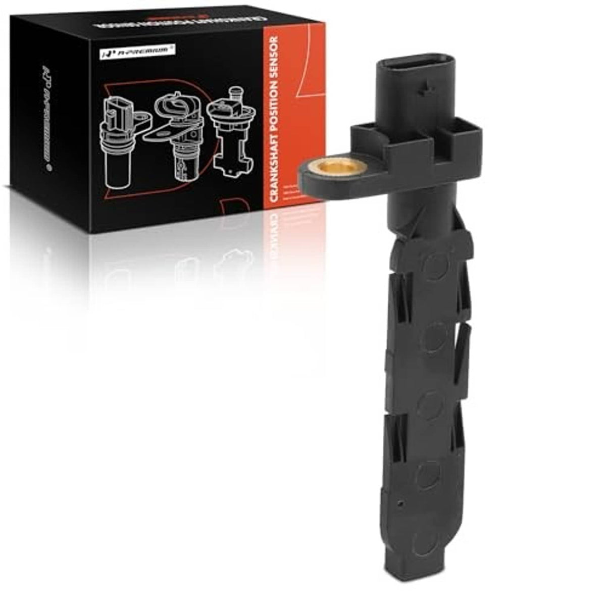 Black crankshaft position sensor with connector, mounting clips, and gold seal ring