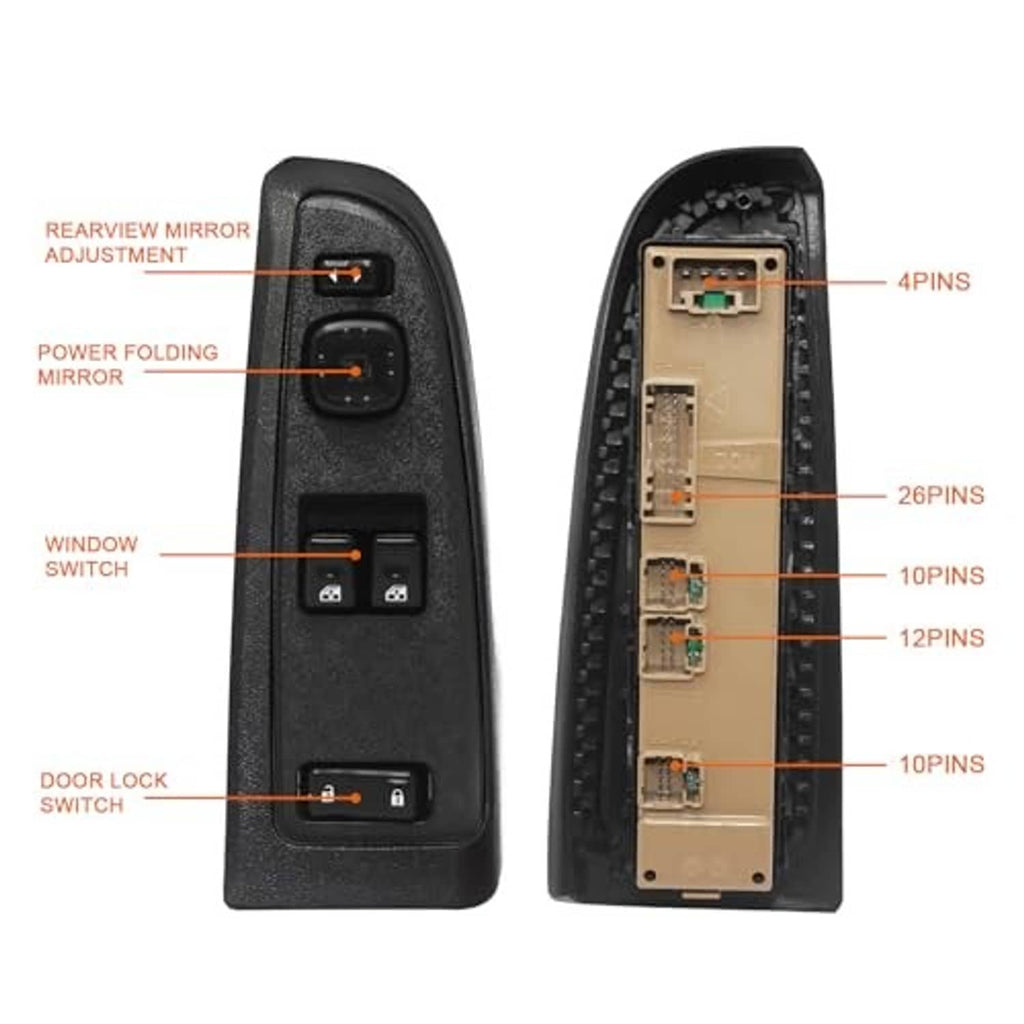 Black power window switch bezel with rear connector board and multi-pin wiring