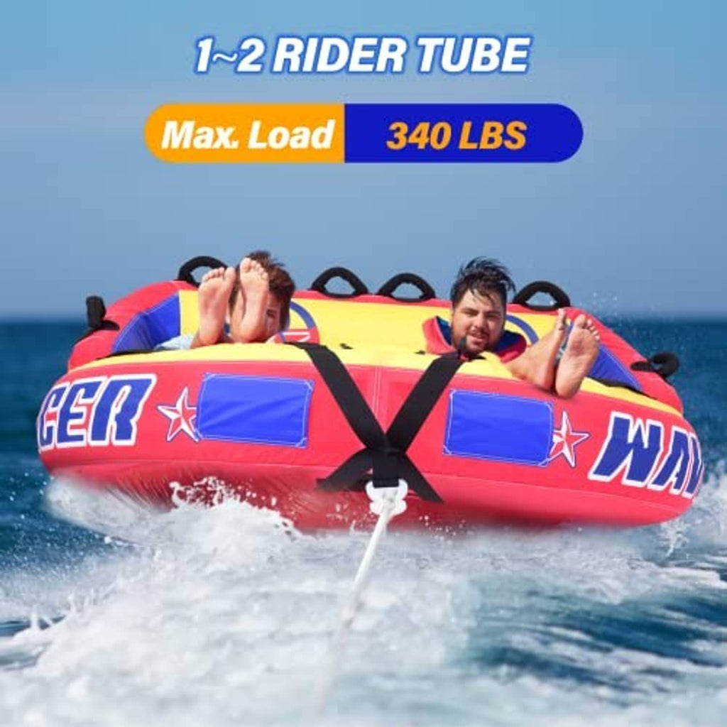 Inflatable 1–2 rider tow tube, red and blue with yellow panels and front tow strap