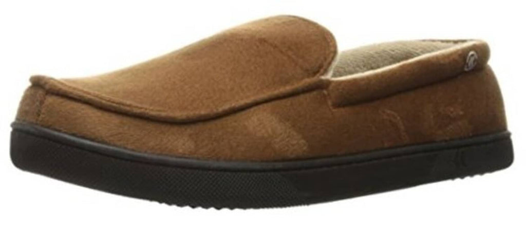 Men's cognac microsuede moccasin slipper with slip-on collar and black sole