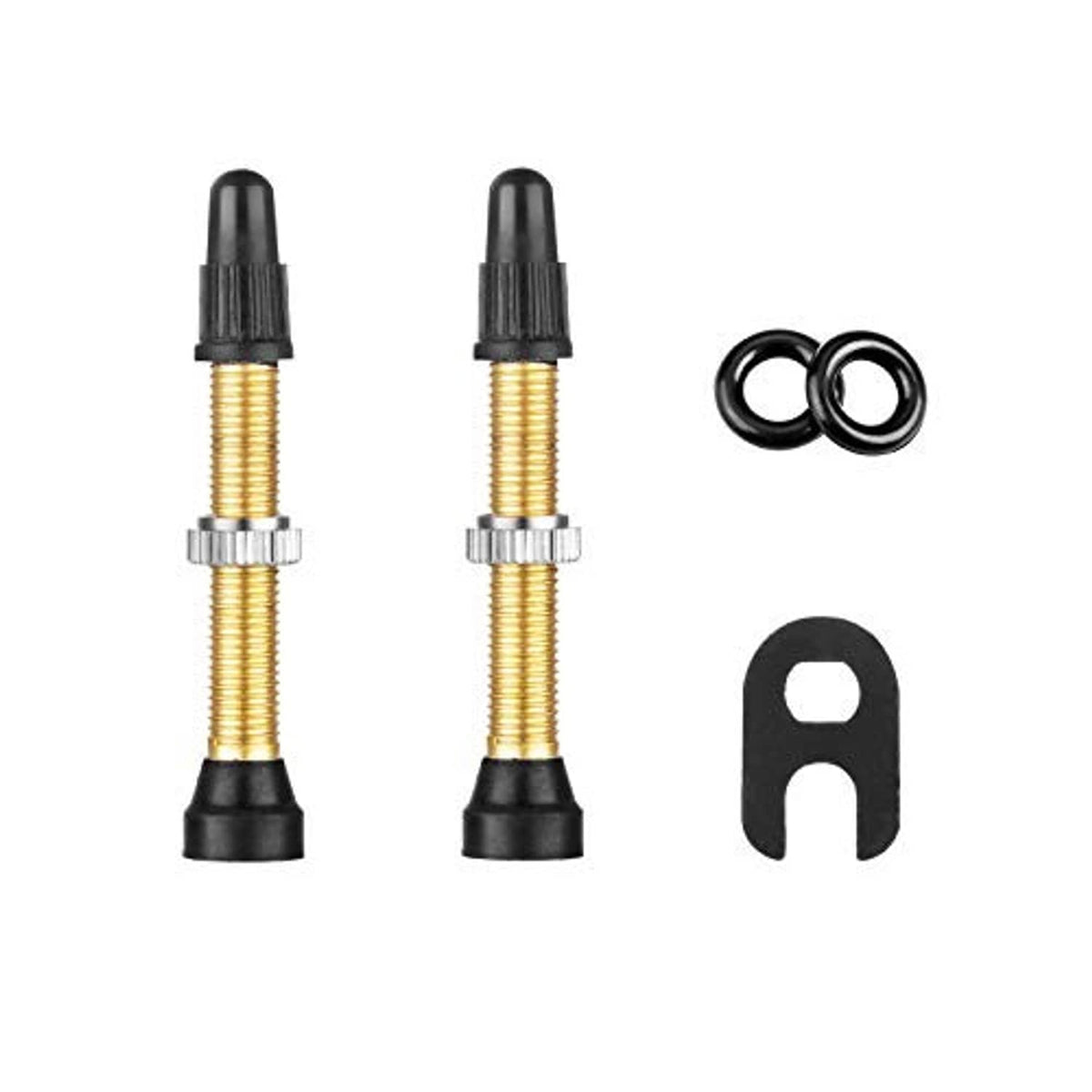 Two gold brass tubeless valve stems with black caps, valve core tool, and O-rings