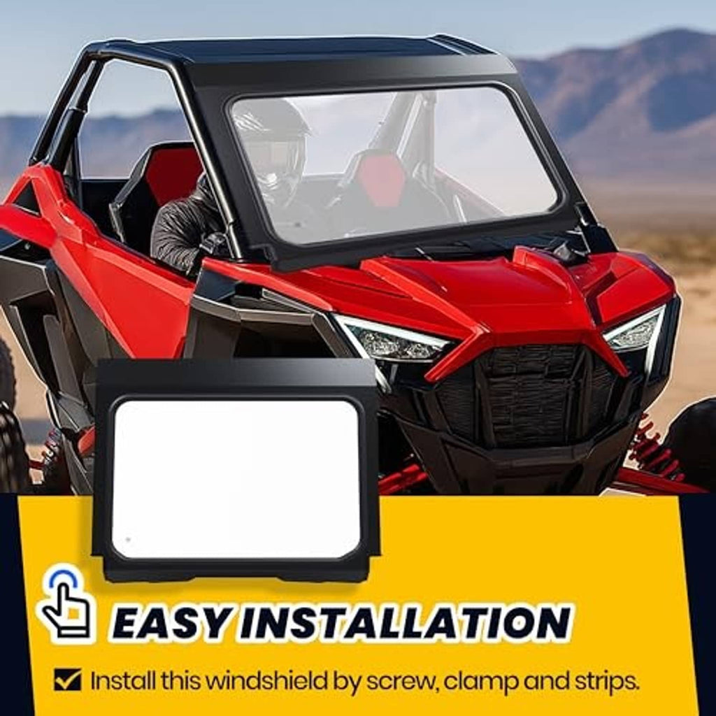 Front full glass windshield with clear panel and installation cutout on red UTV