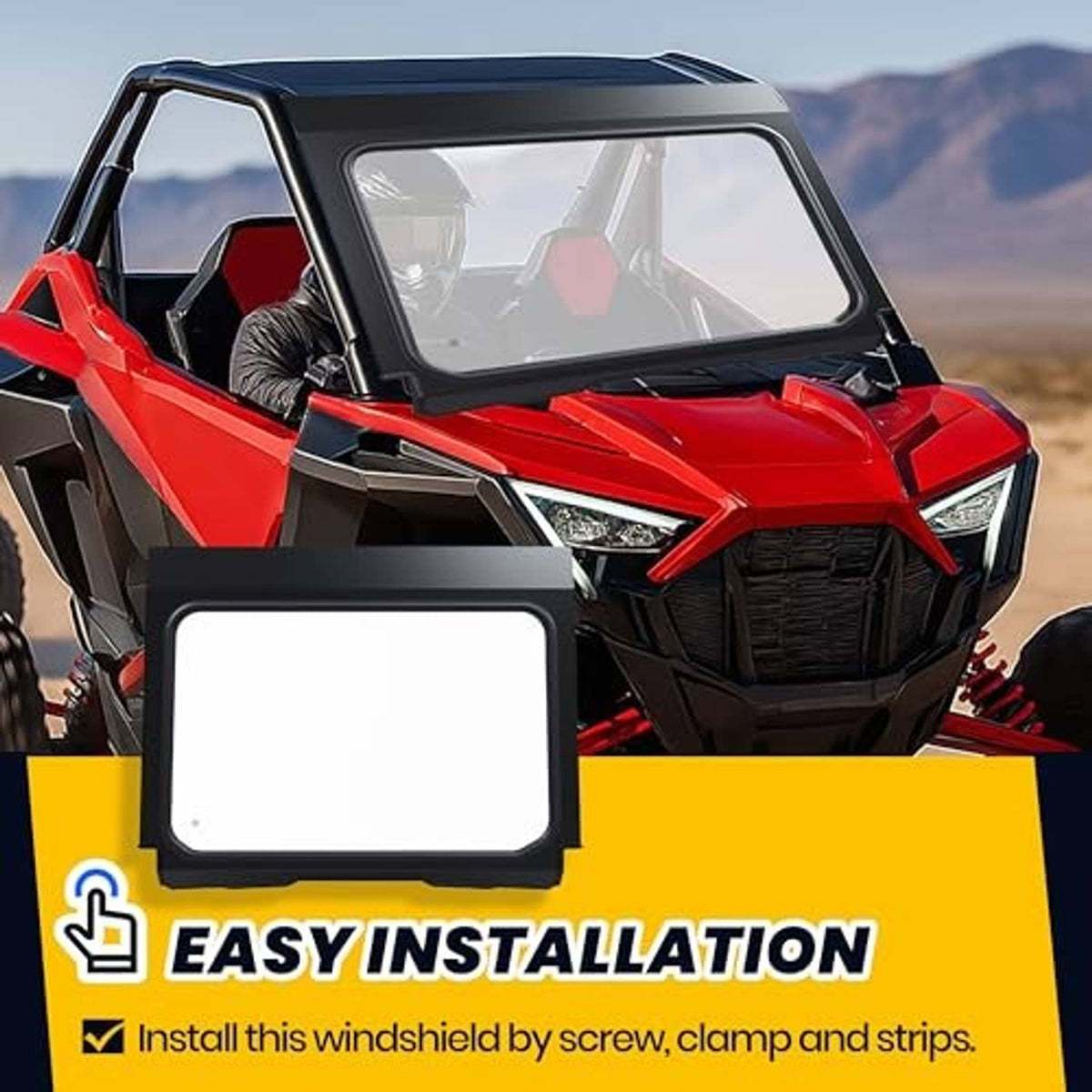 Front full glass windshield with clear panel and installation cutout on red UTV