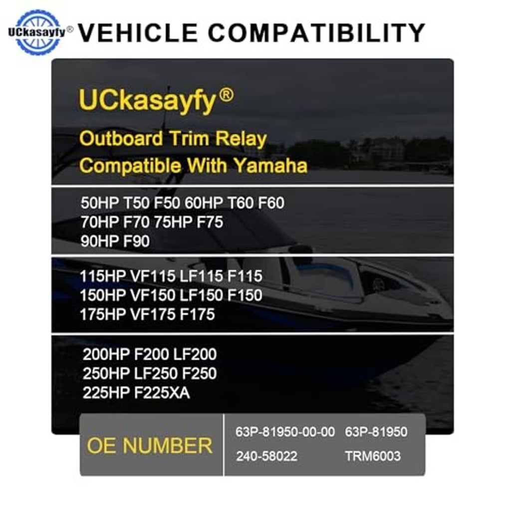 Outboard trim relay compatibility graphic with model list and OE number table