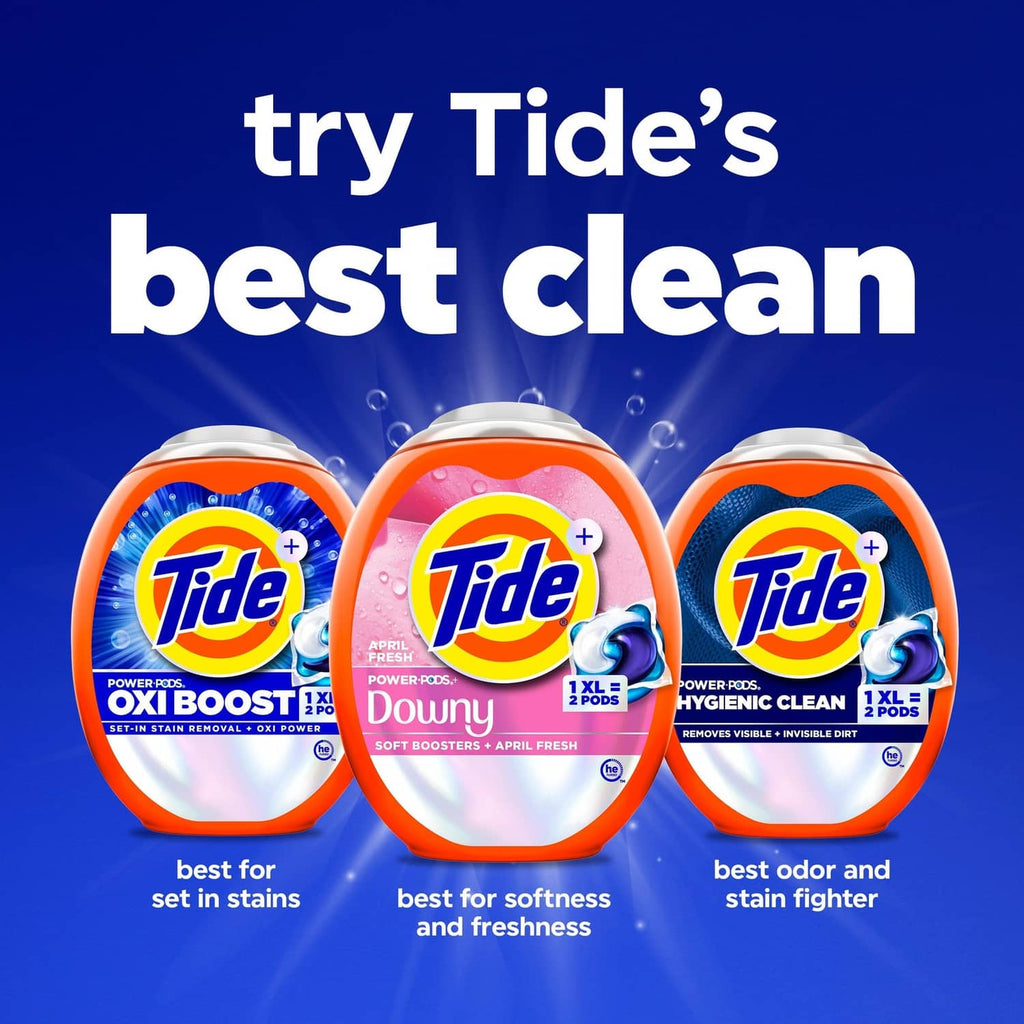 Three Tide detergent pods packs with orange and blue containers