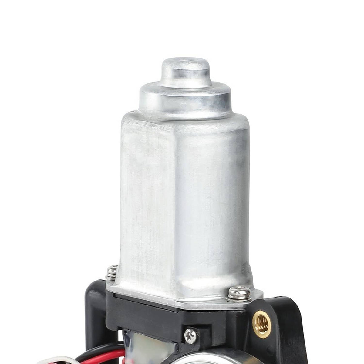Silver metal window motor cylinder with black mounting bracket and screw