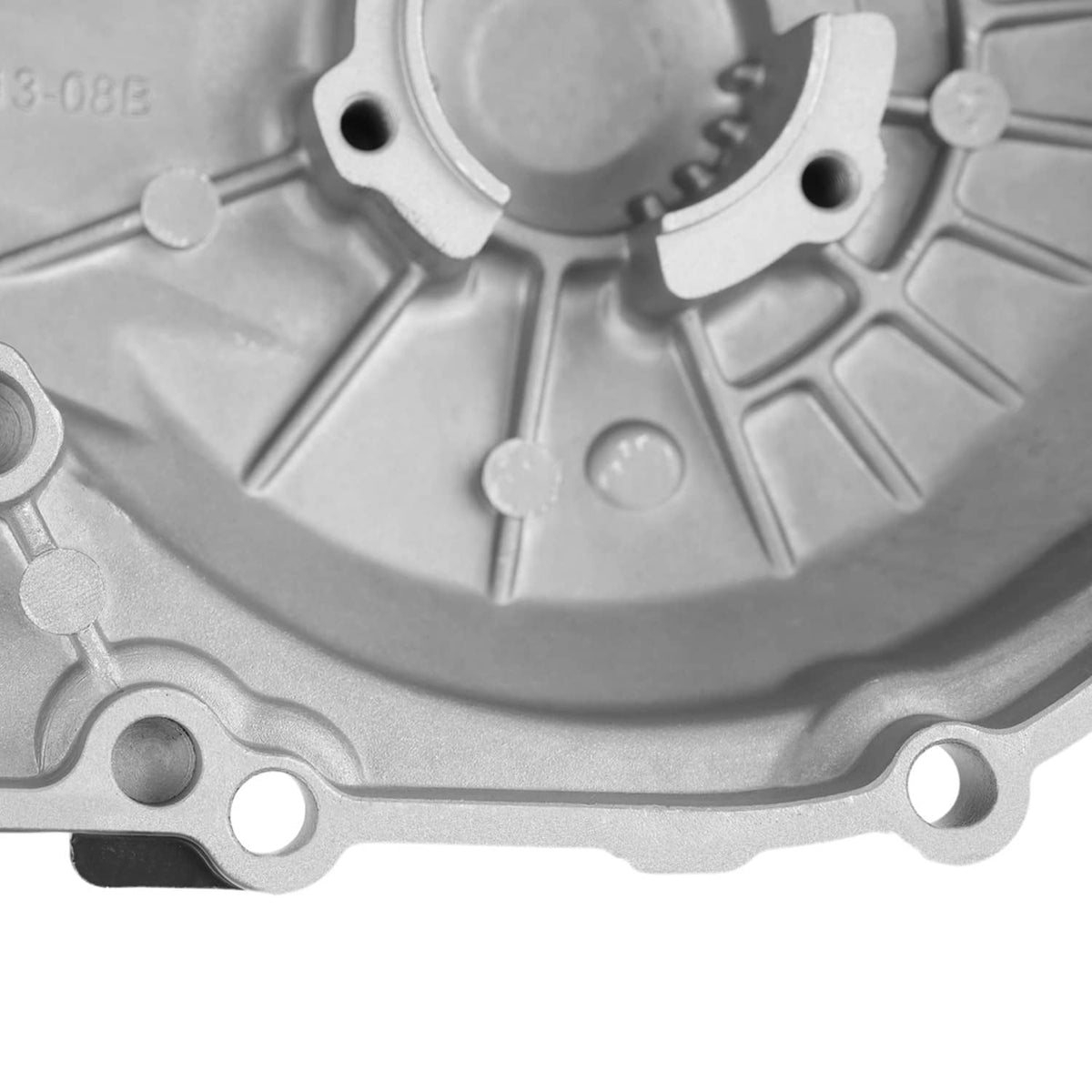 Silver crankcase cover interior with ribs and mounting bolt holes