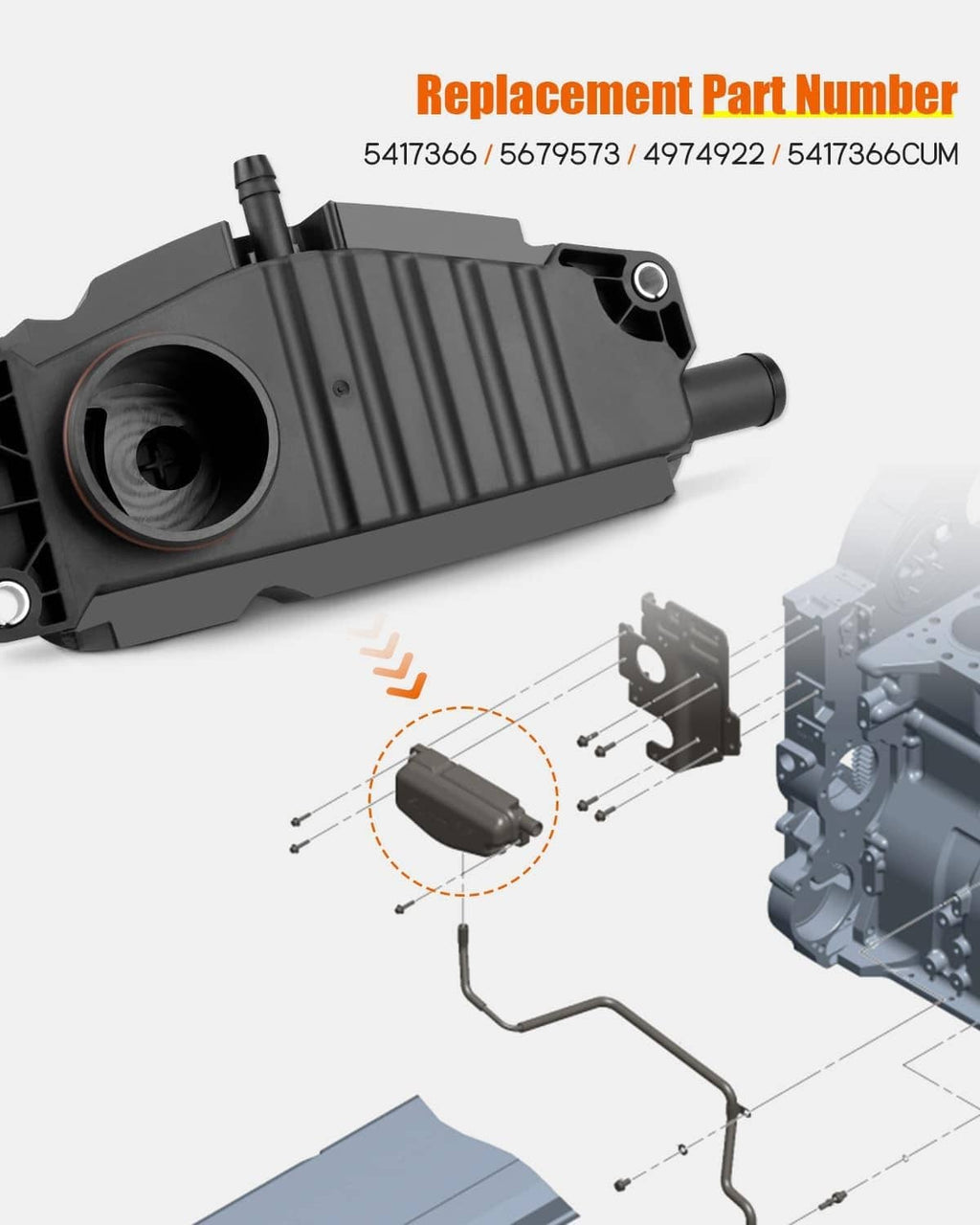 Black crankcase breather part with exploded-view diagram of components