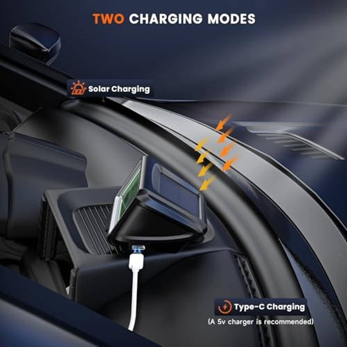Car battery monitor near vehicle interior with charging mode illustration