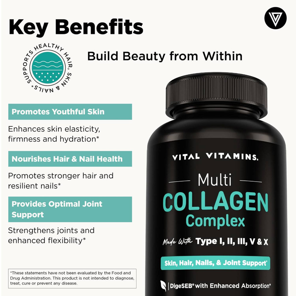 Black Multi Collagen Complex supplement bottle with front label in close view