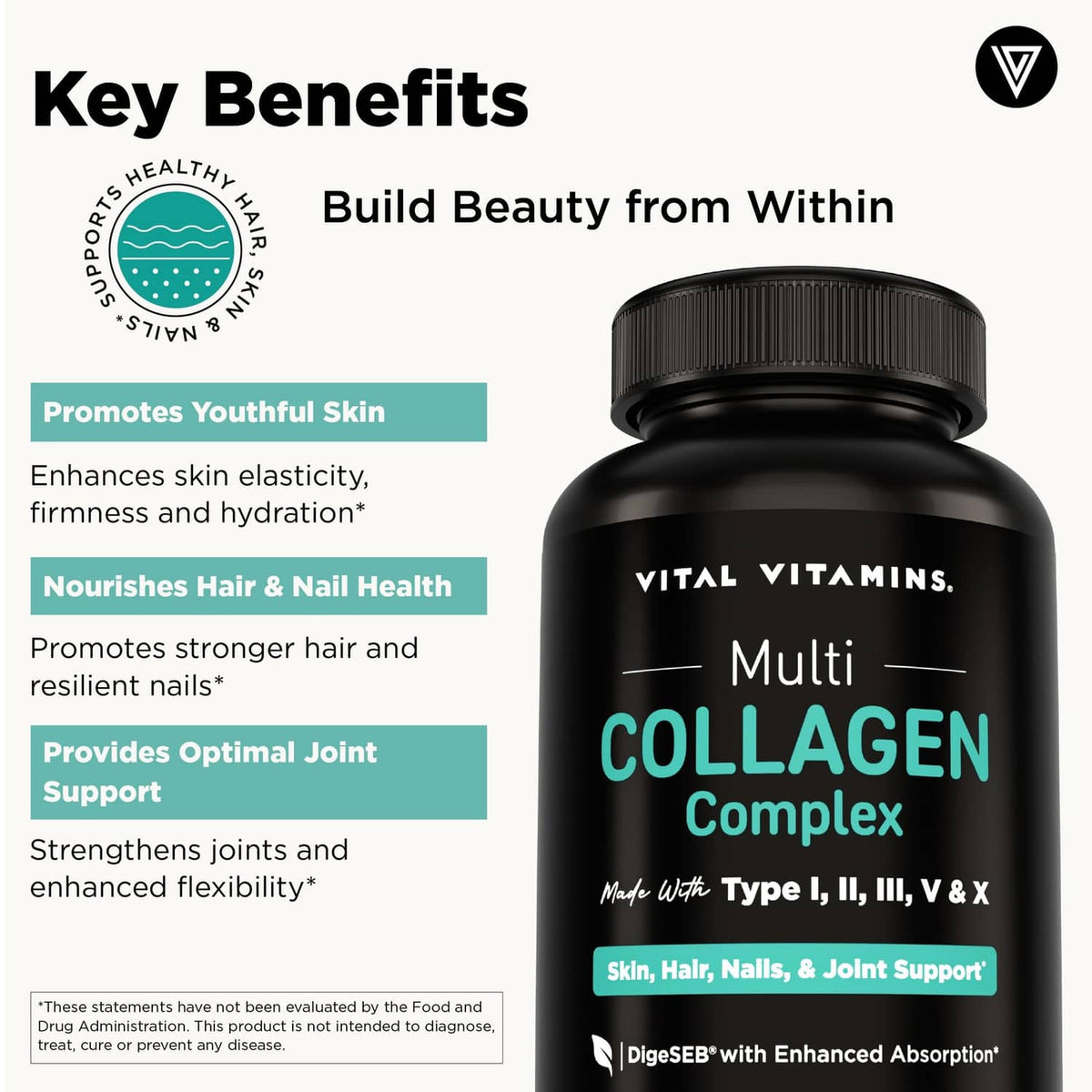 Black Multi Collagen Complex supplement bottle with front label in close view