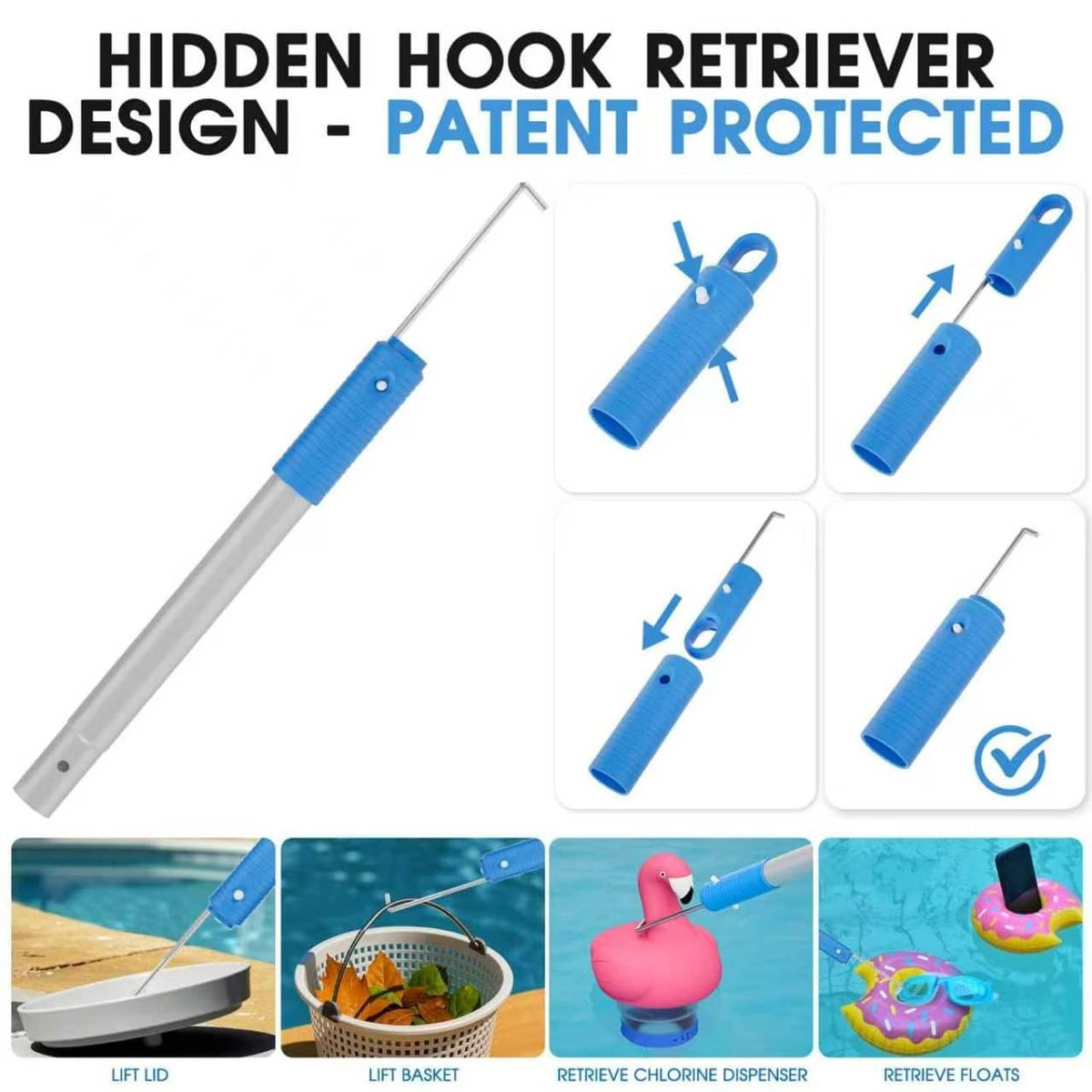 Telescoping pool net pole with hidden hook retrieval design and blue brush attachment