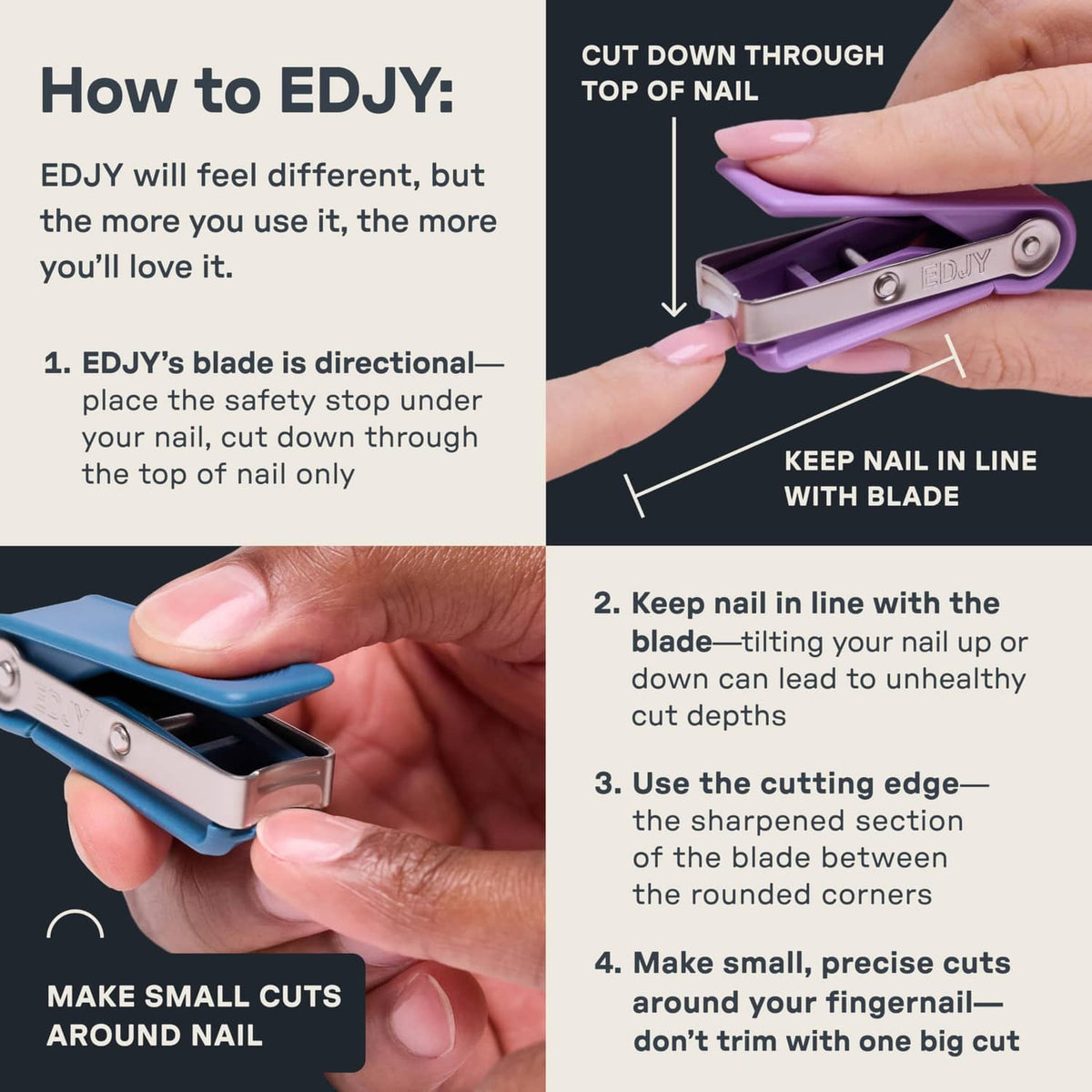 Purple fingernail cutter held in hand with silver blade open for clean nail cuts