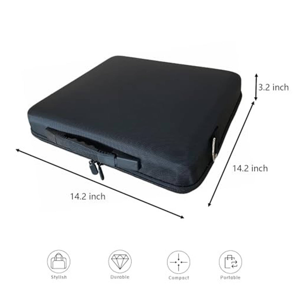 Hard pool ball carrying case with zipper, dark gray rectangular shape; labeled size view.