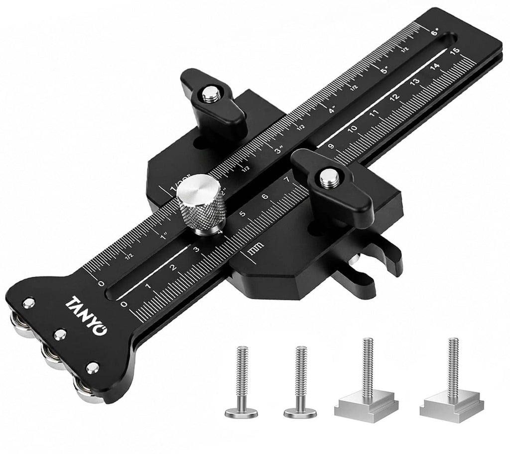 Black table saw thin rip jig guide with measurement scale and four mounting bolts