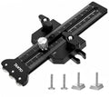 Black table saw thin rip jig guide with measurement scale and four mounting bolts