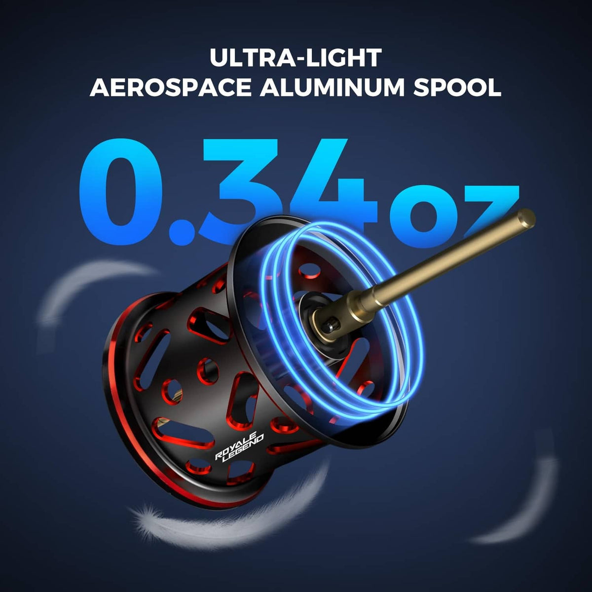 Black fishing reel with ultralight aluminum spool and gold handle rod.