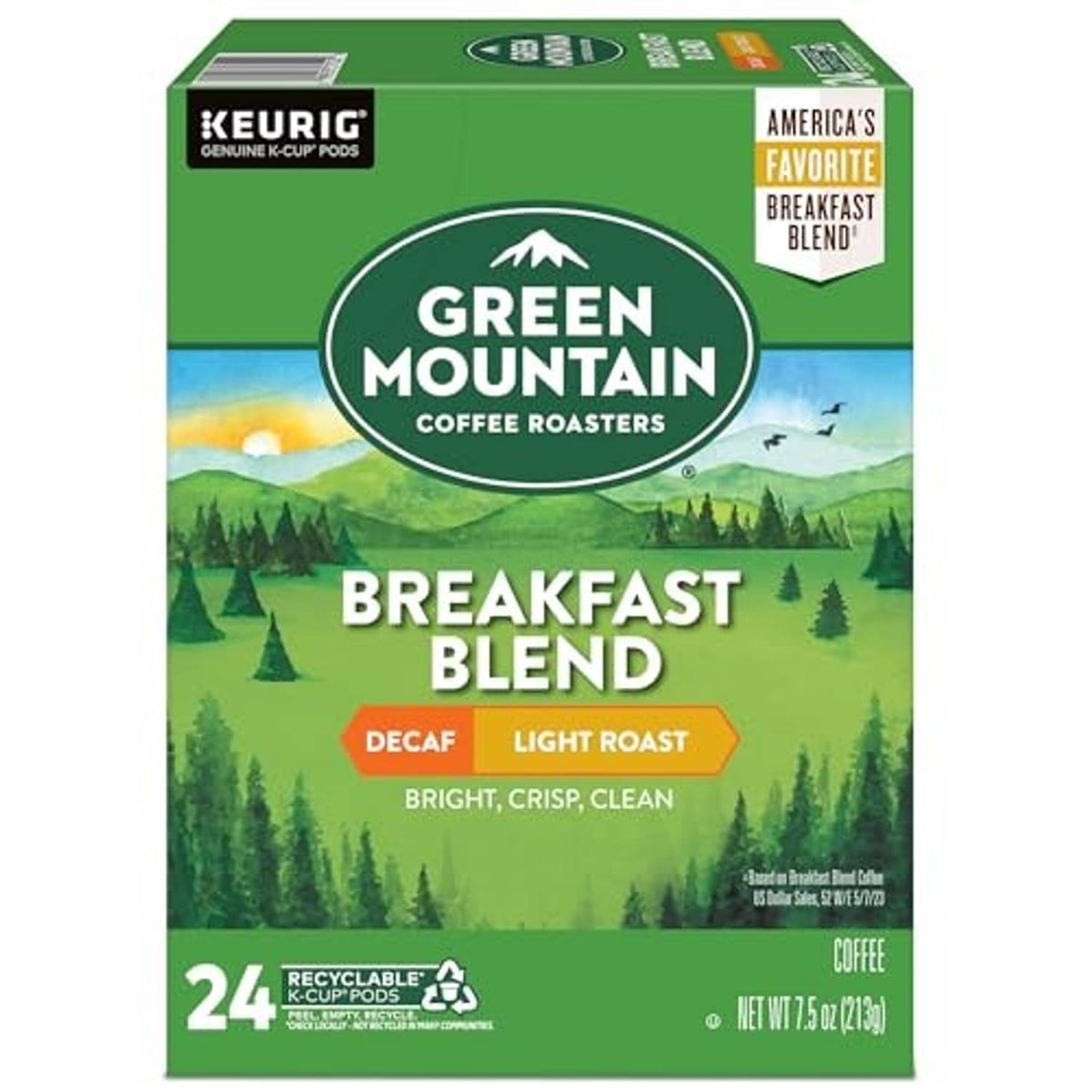 Green Mountain Breakfast Blend decaf light roast K-Cup pods box, 24 count
