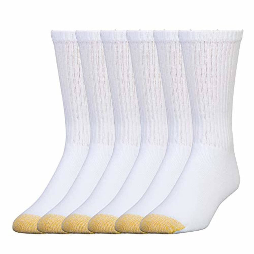 Men's white crew socks, ribbed leg and cushioned sole with yellow toe