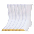 Men's white crew socks, ribbed leg and cushioned sole with yellow toe