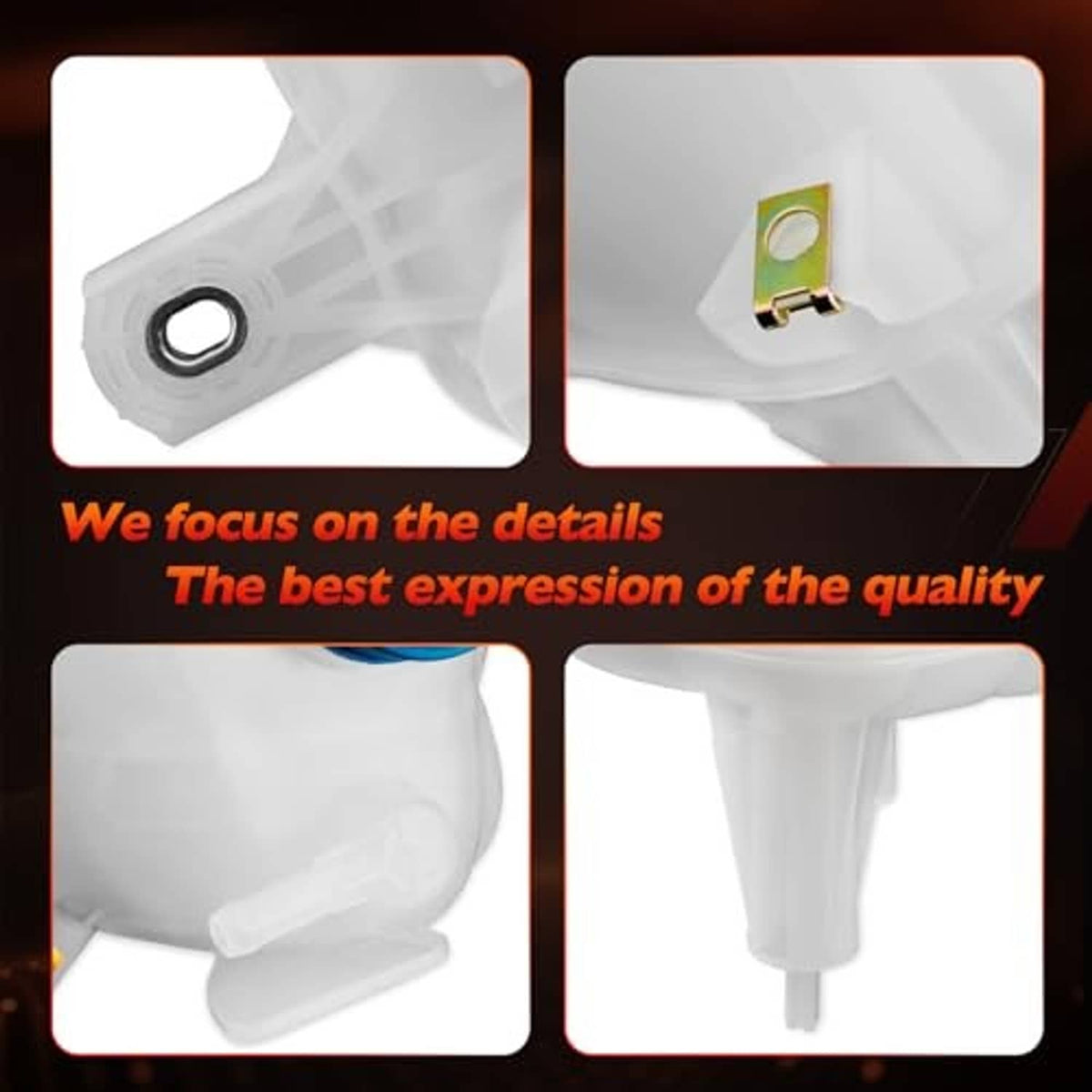 White coolant reservoir details: metal fitting, outlet spout, and black inlet hole