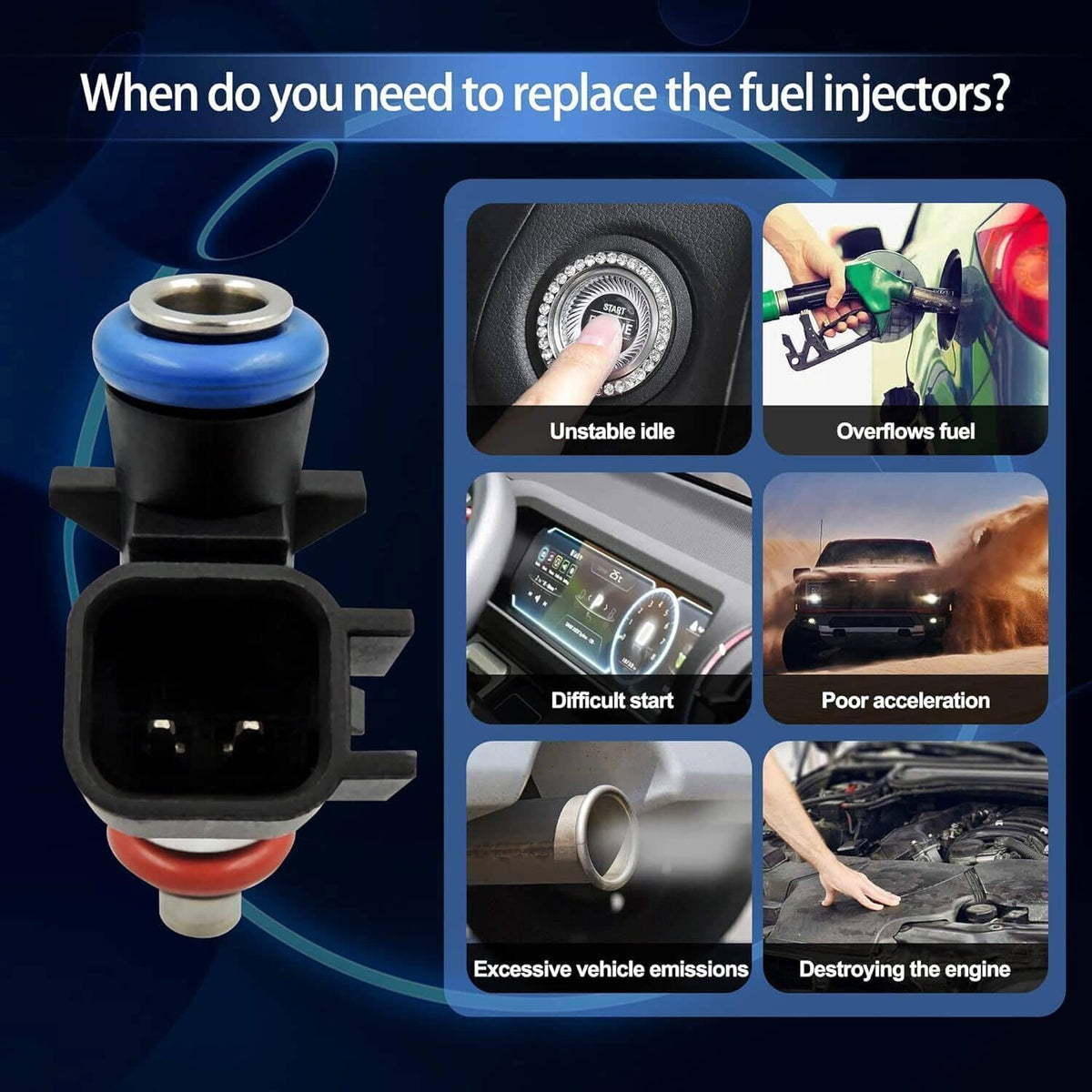 Fuel injector with blue cap and red o-ring seal on black body, shown beside icons