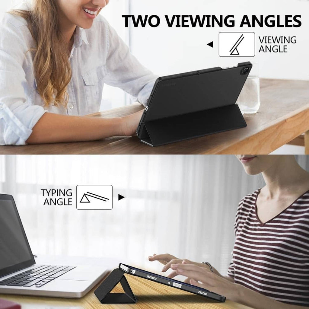 Black slim tablet case with stand for viewing angles and typing