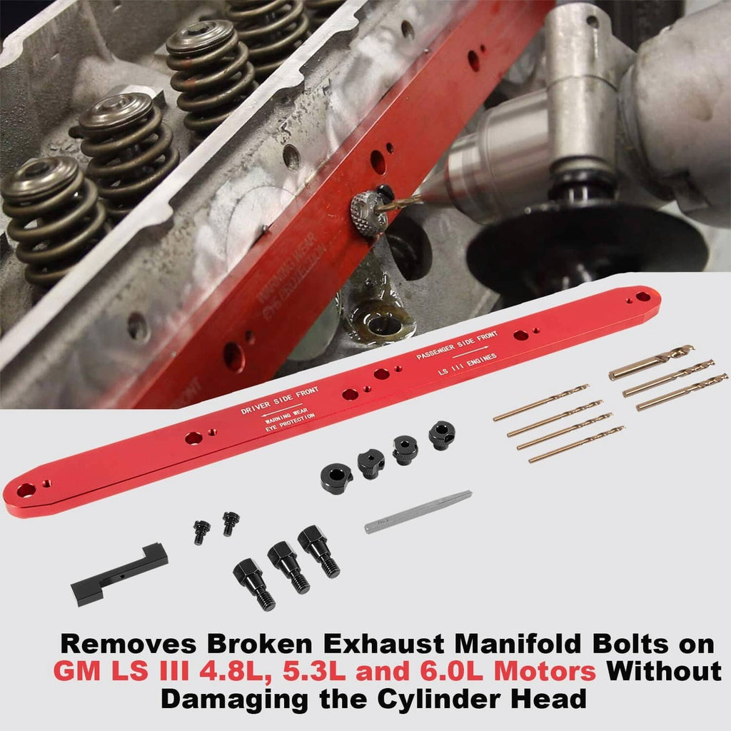 Manifold drill template guide bar with drill bits and fasteners for exhaust manifold bolts