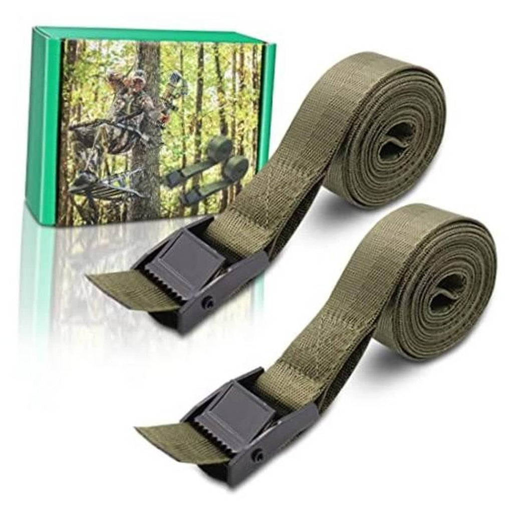 Two olive tree stand straps with black buckles, shown coiled and ready to use