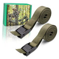 Two olive tree stand straps with black buckles, shown coiled and ready to use