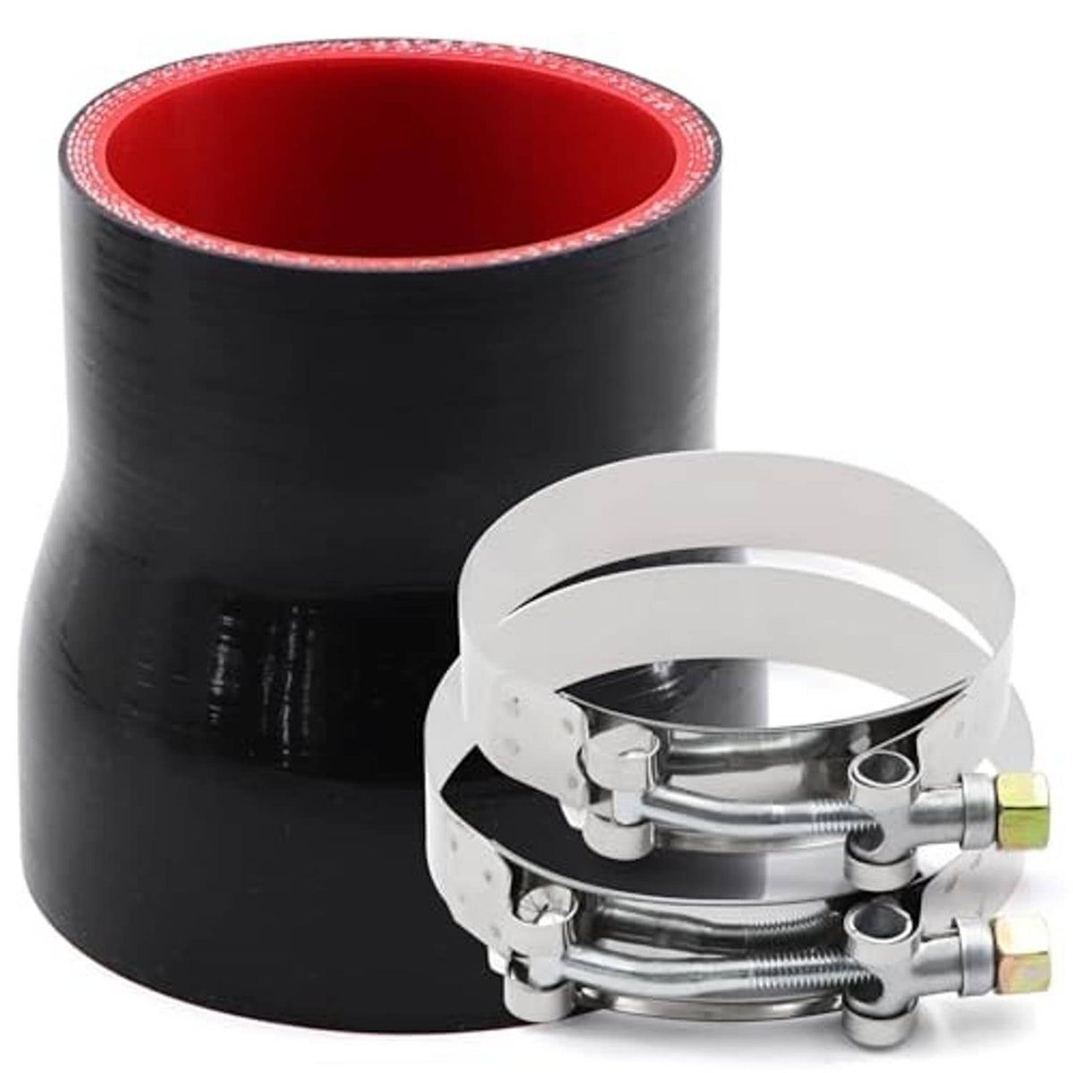 Black silicone straight reducer coupler with two stainless T-bolt clamps, red inner