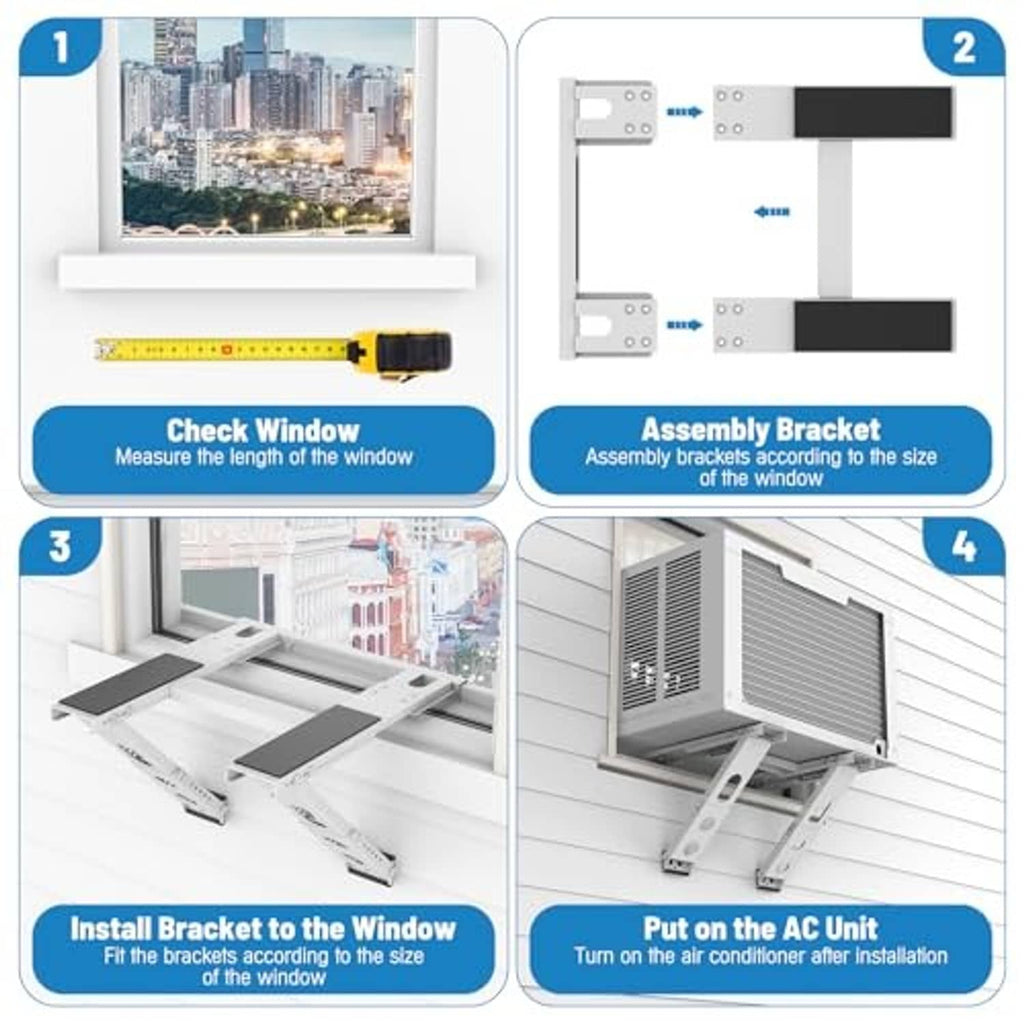 Step layout showing window AC support bracket assembly and bracket-to-window fitting