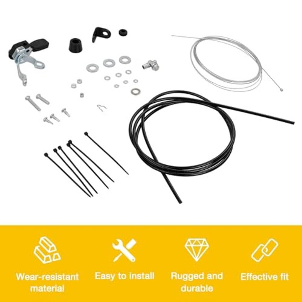 Throttle control kit components with lever, cables, brackets, and small fittings