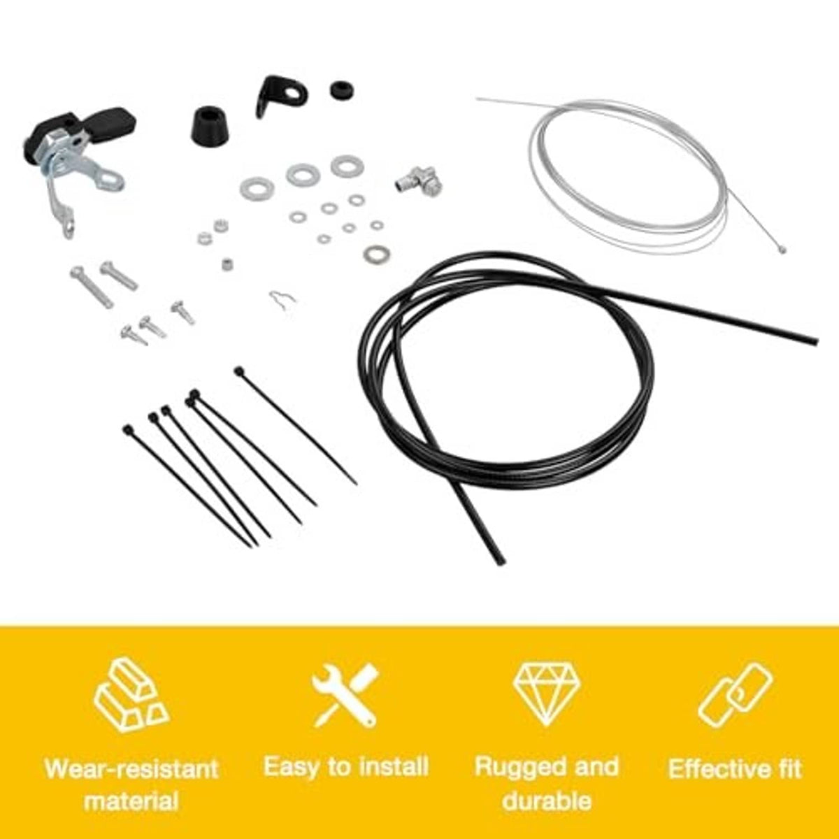 Throttle control kit components with lever, cables, brackets, and small fittings