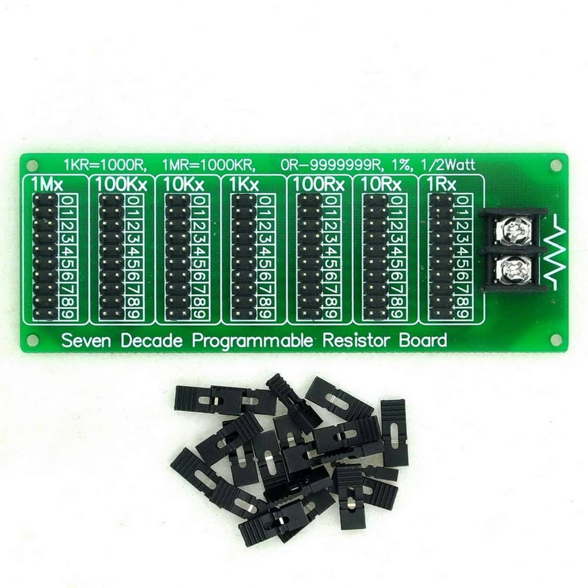 Programmable resistor board with printed resistor values and loose black pin headers