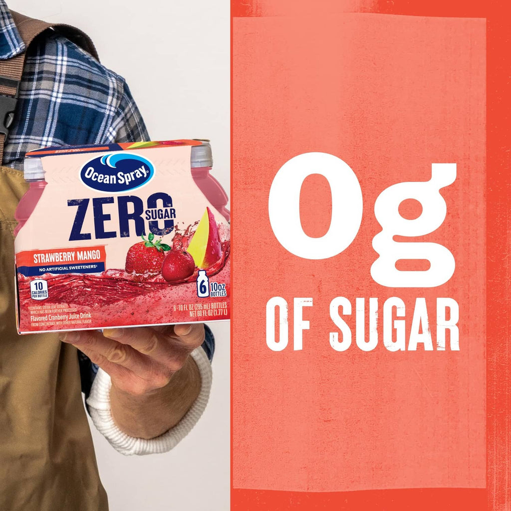 Ocean Spray ZERO Sugar Strawberry Mango juice drink multipack held in a person’s hand