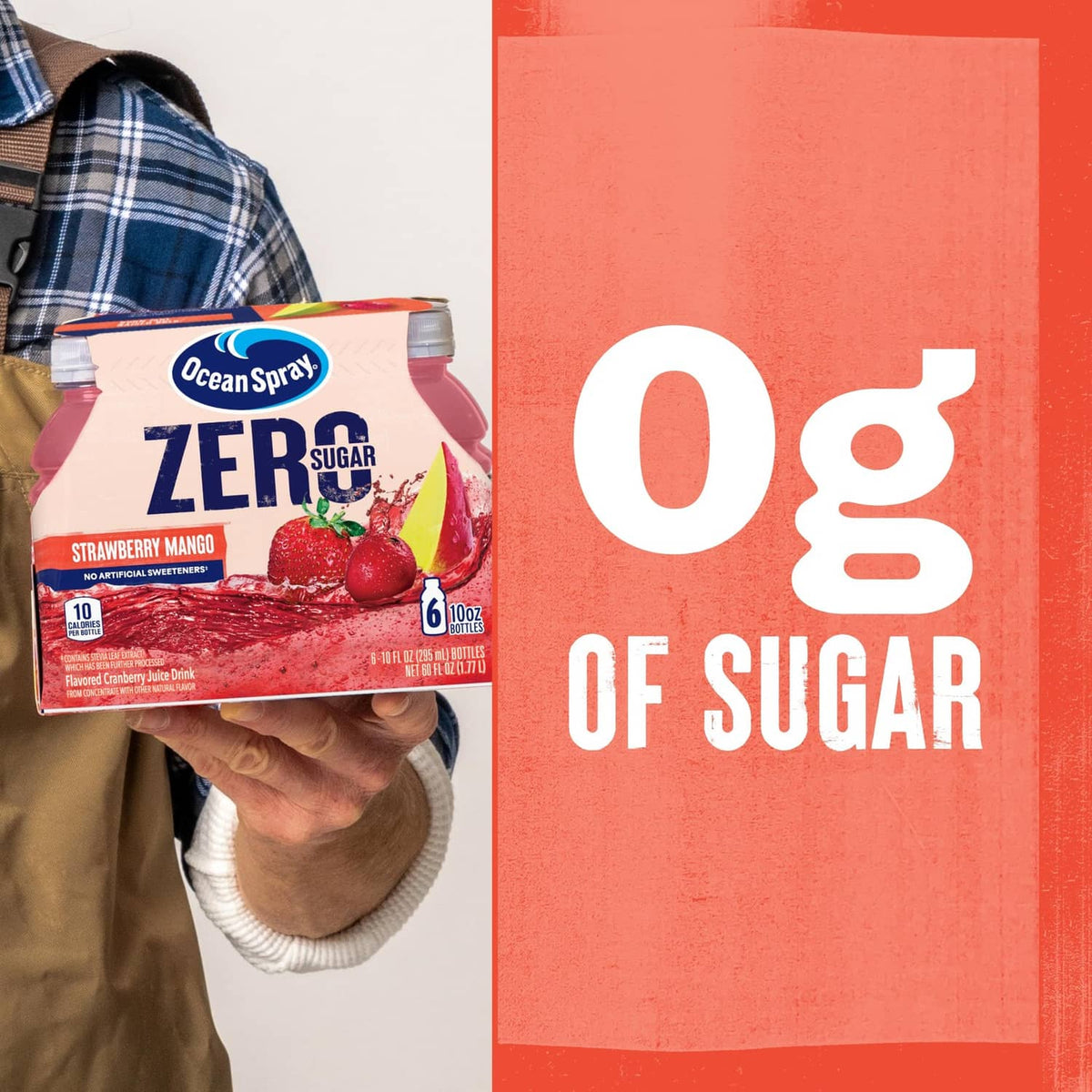 Ocean Spray ZERO Sugar Strawberry Mango juice drink multipack held in a person’s hand