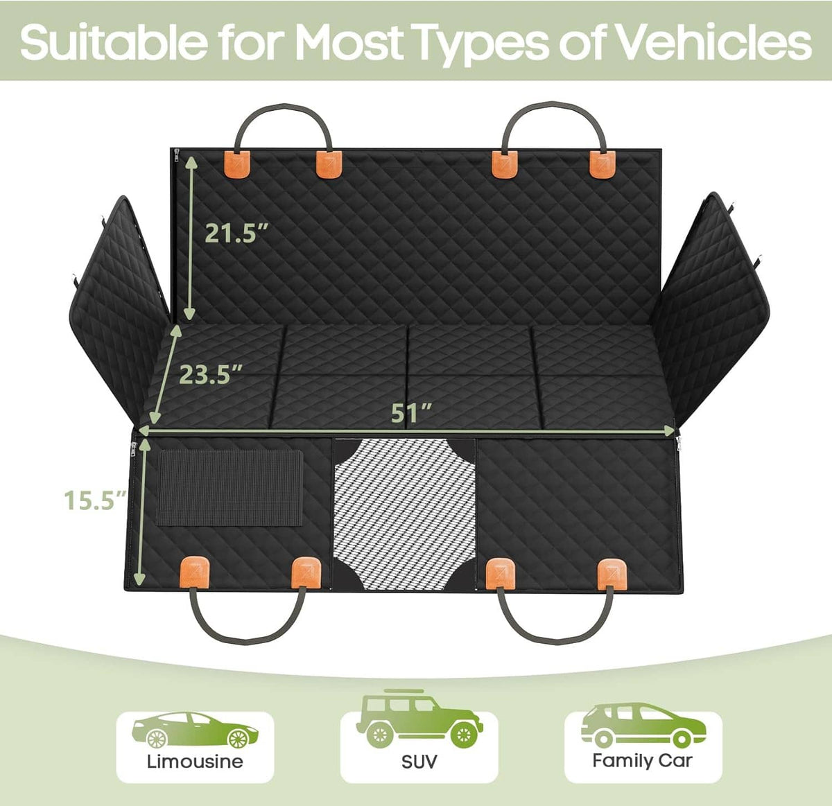 Black dog car back seat cover with raised side panels and reinforced bottom insert