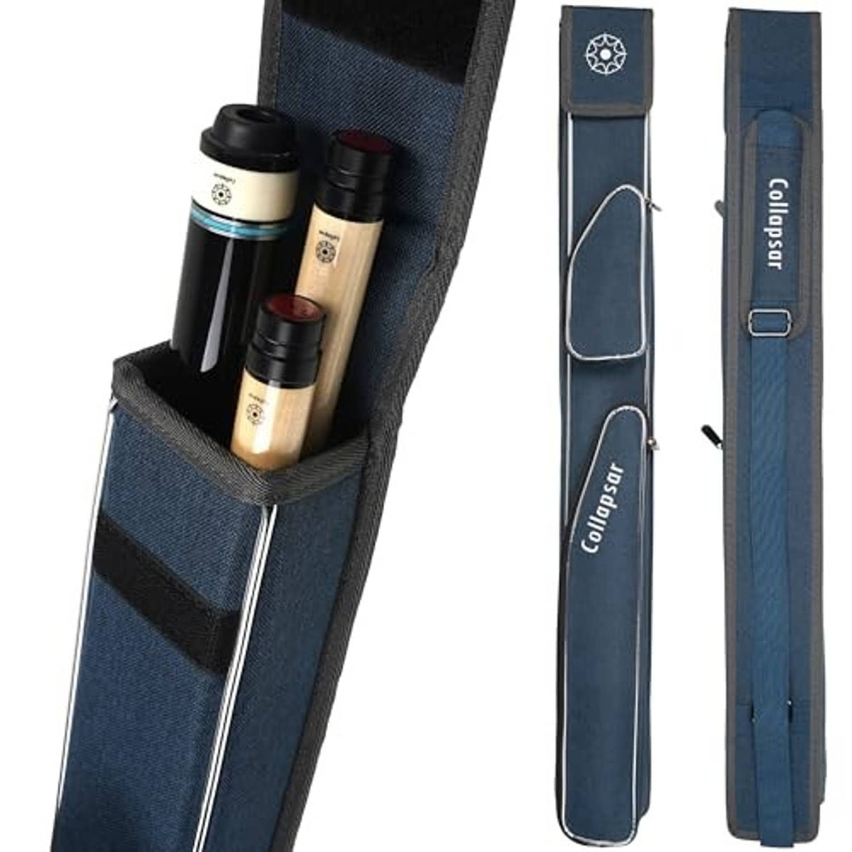 Blue pool cue case with three open cue compartments and secure top opening