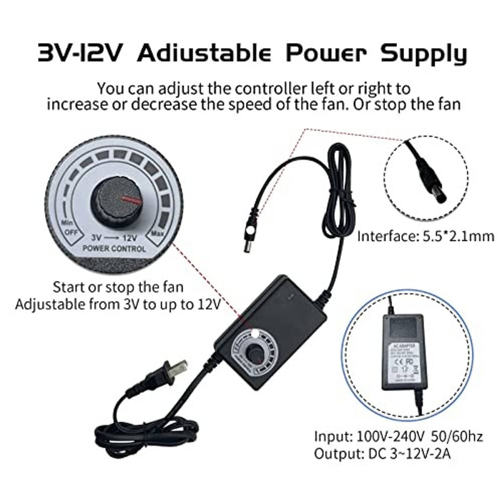 Adjustable 3V-12V fan power supply controller with AC plug and 5.5mm DC connector