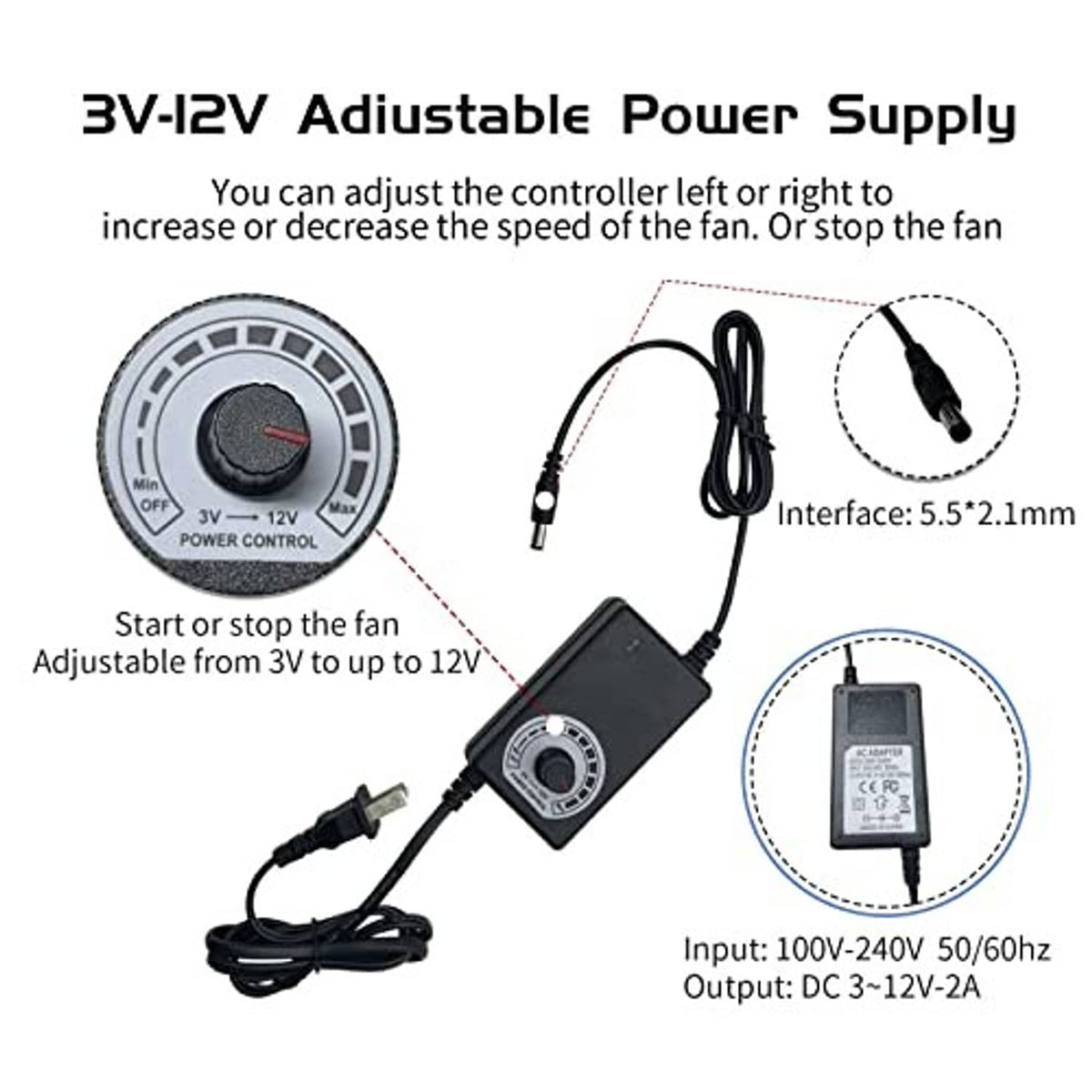Adjustable 3V-12V fan power supply controller with AC plug and 5.5mm DC connector