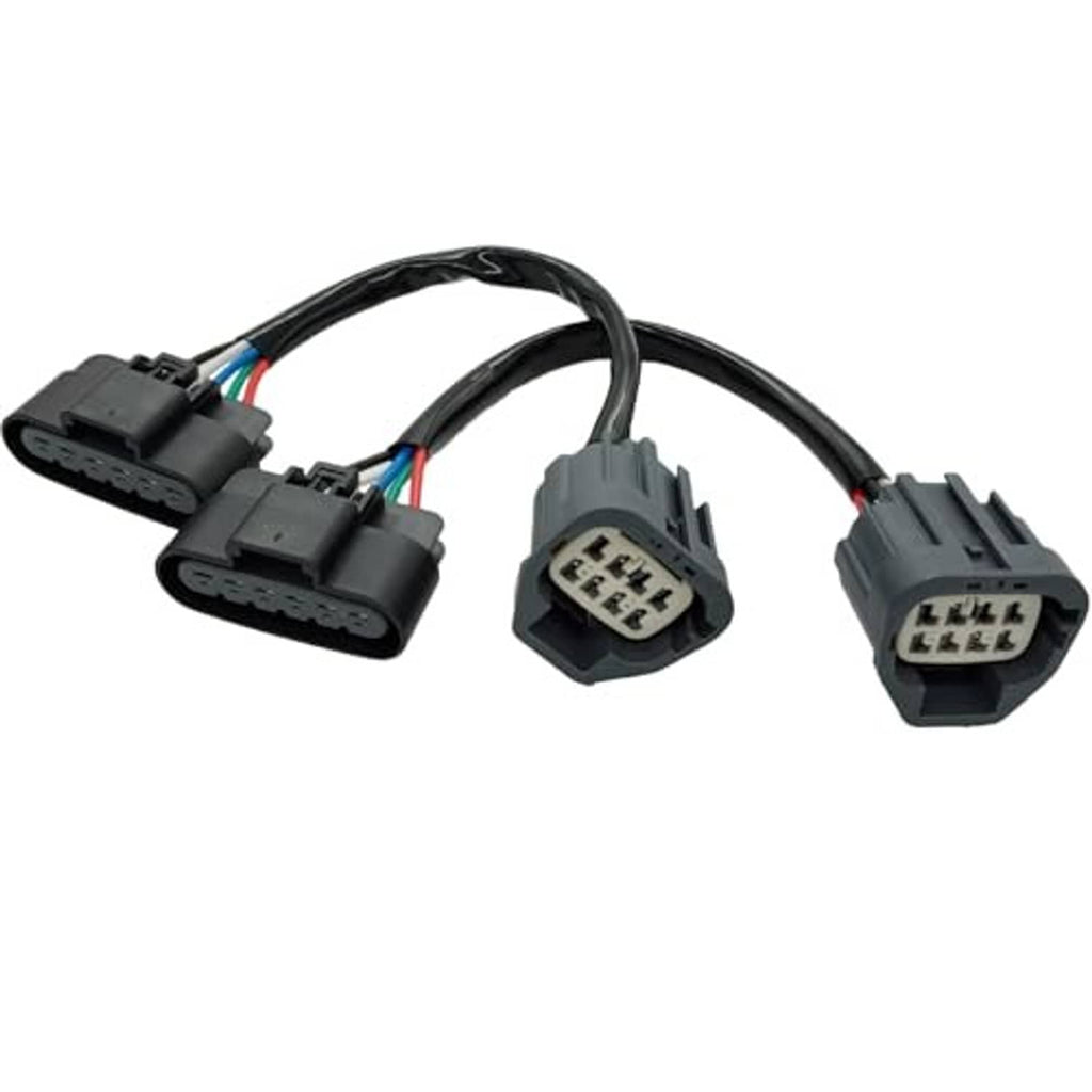 Headlight adapter wiring harness with three multi-pin plug ends and color-coded wire leads