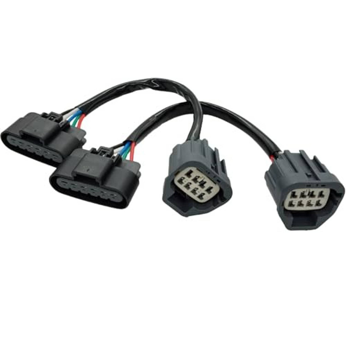 Headlight adapter wiring harness with three multi-pin plug ends and color-coded wire leads